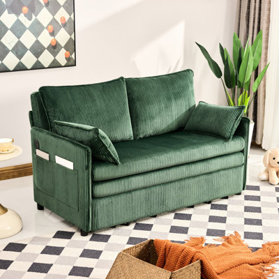 Lit escamotable de 55 po, canapé-lit en velours côtelé moderne avec poche latérale et ports pour le salon, petit espace, structure en fer simple, bois de pin, rembourré de mousse, rembourrage convertible et ports, taille, chambre idéale