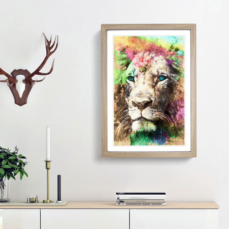 Blue Eyed Lion in Abstract - Picture Frame Painting Print, 65cm H x 48cm W x 2cm D, Oak Framed