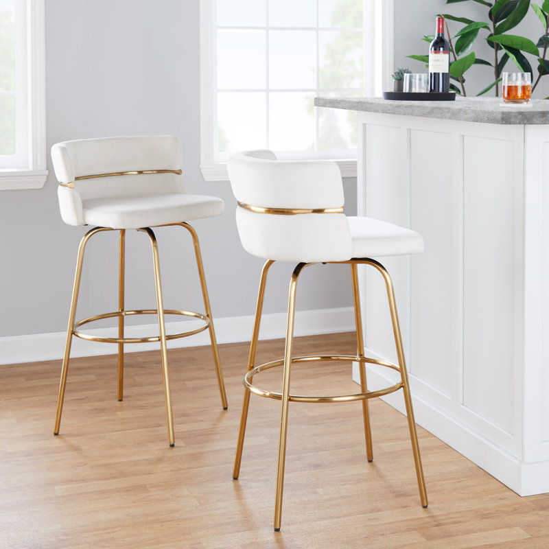  Tabourets de bar à hauteur fixe en velours 30 "avec repose-pieds rond Sone, Velours crème / cadre doré