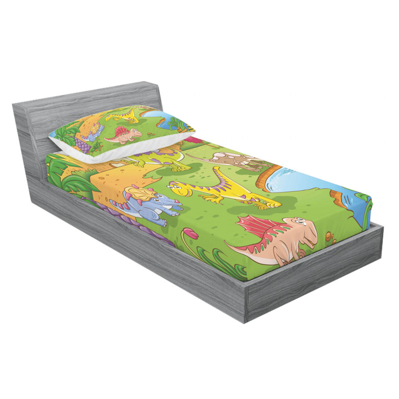 Ensemble de draps de dessins animés animaux dans une prairie historique, Ensemble de draps pour lit simple avec drap-housse