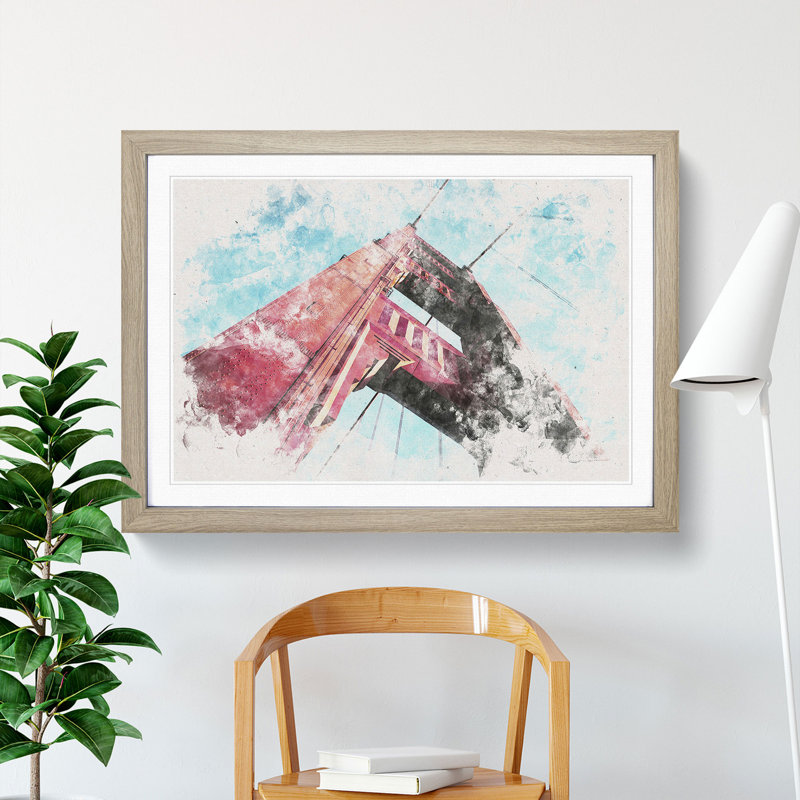 View Of The Golden Gate Bridge In San Francisco Watercolour - Framed Print, 33cm H x 45cm W x 2cm D, Oak