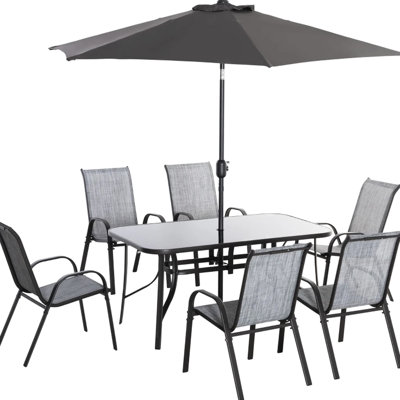 Patio Furniture With Umbrella, Flexible Tilt Quick - Drying Mesh, Powder Coated Metal Frame, 28" H Product Height Outdoor Umbrella Base, Tempered Glass, Aluminum And , Table