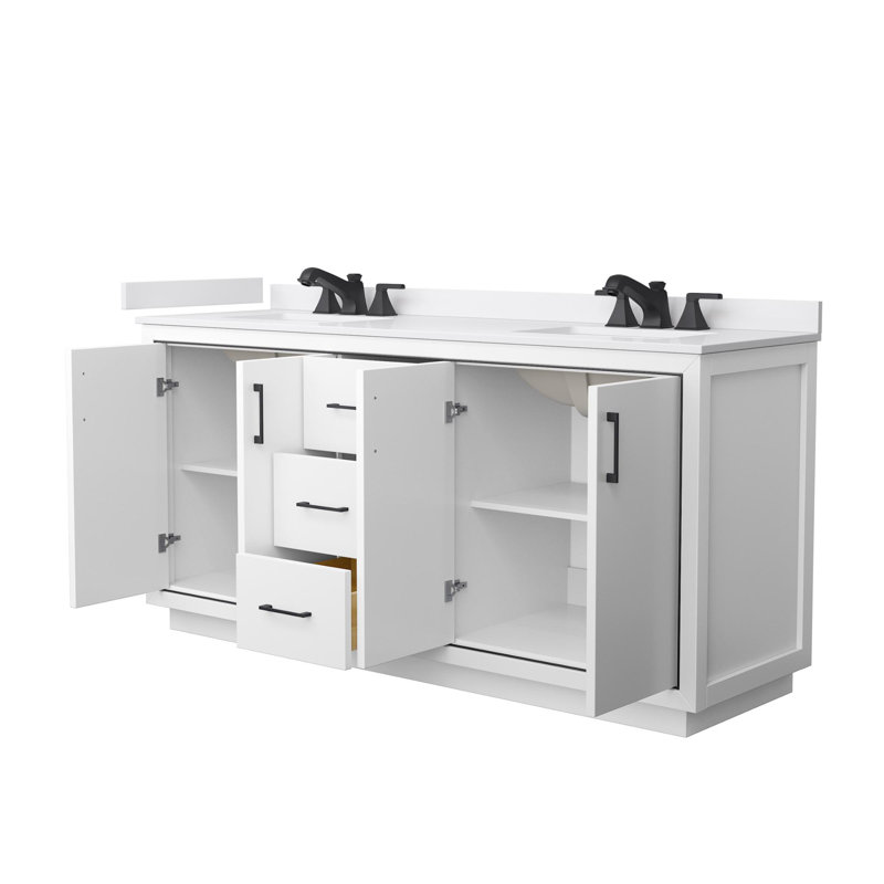 Icon 72" Freestanding Double Bathroom Vanity with Cultured Marble Top, White, Matte Black, 72"