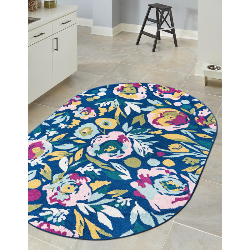 Tapis floral bleu marine / jaune / mauve / rose Holle, Ovale 7 pi 10 po x 10 pi