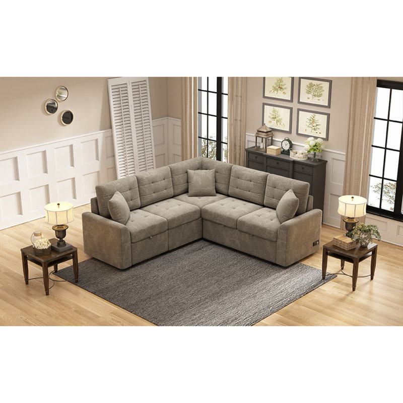 Canapé-lit escamotable en forme de L de 82,6 po avec roulettes, ports USB, prises de courant SG001230AA, kaki, 5, Kaki