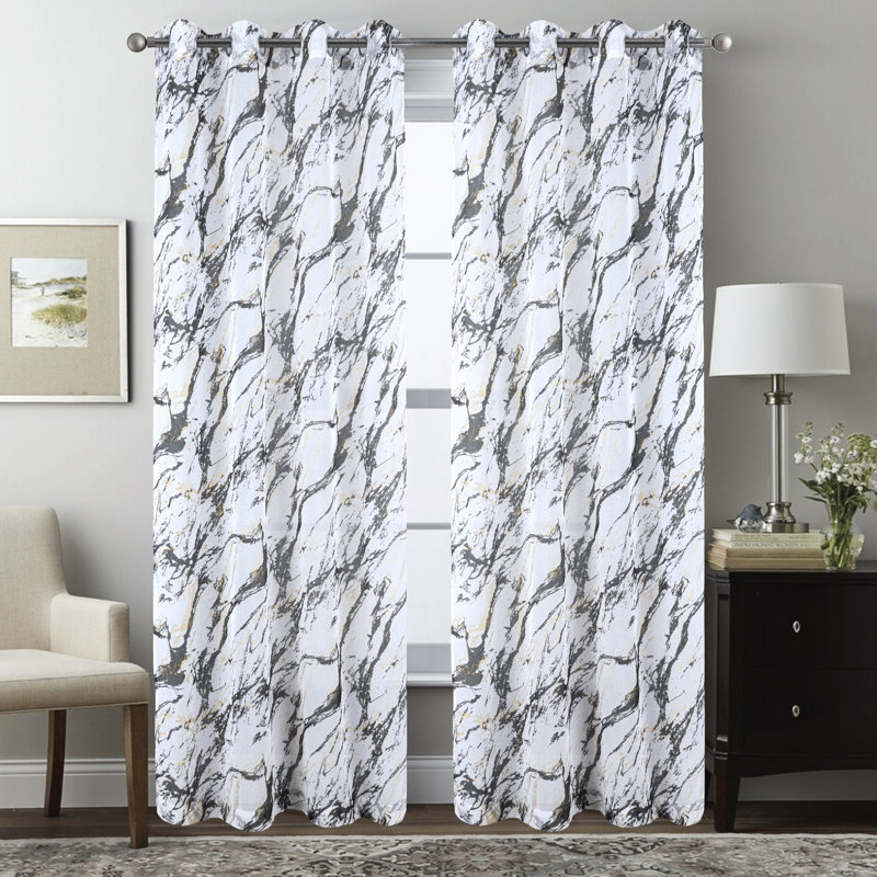 Marble Metallic Semi Sheer Window Curtain Panel, Black, 54" W x 84" L