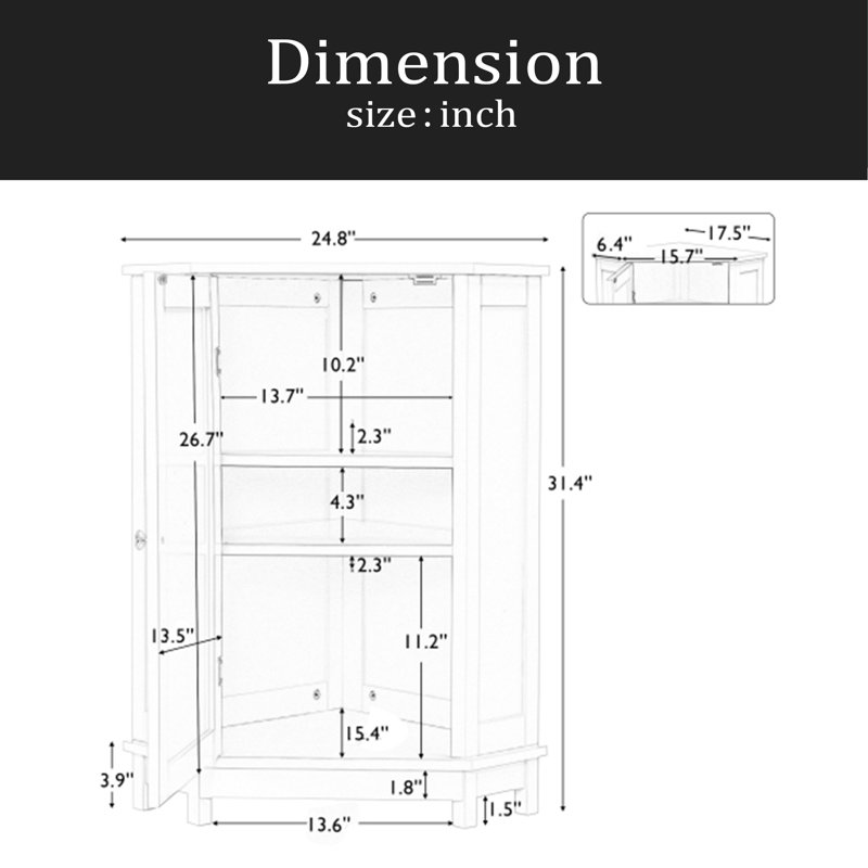 Bathroom Cabinet Triangle Corner Storage Cabinet With Adjustable Shelf Modern Style MDF Board, Black
