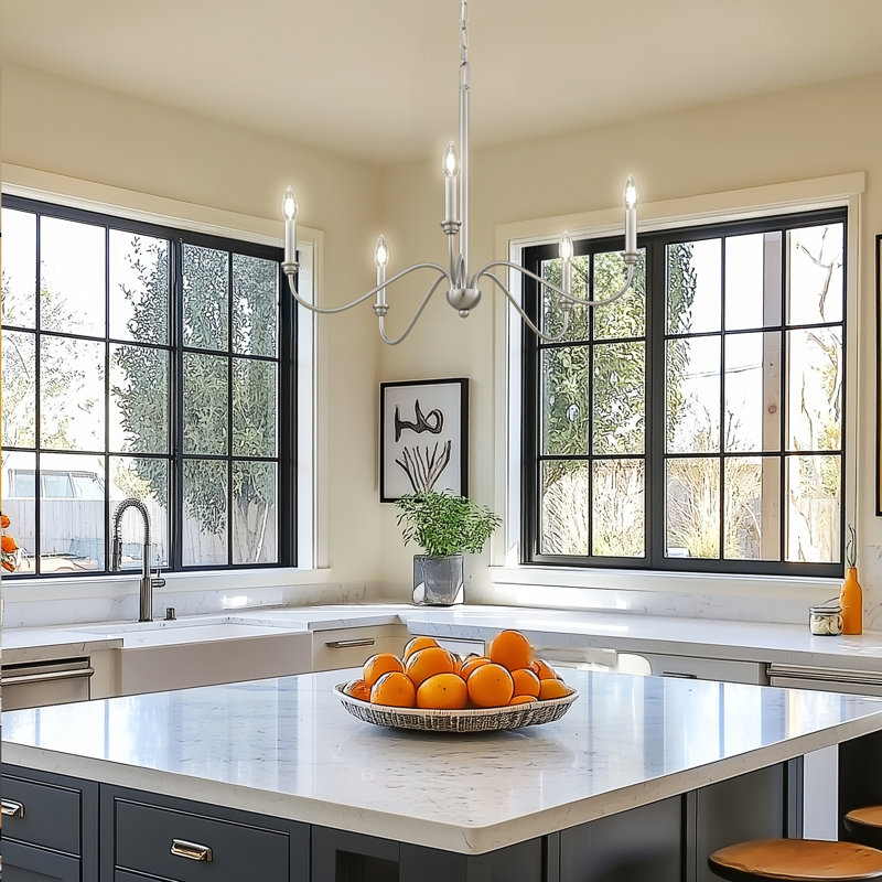 Archer 28" 5-Light Large Modern Chandelier + Curved Arms, Adjustable Hanging Height, Brushed Nickel Finish