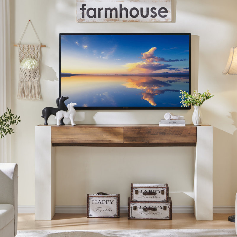 Console 63 pouces en bois Farmhouse, Chêne rustique et blanc