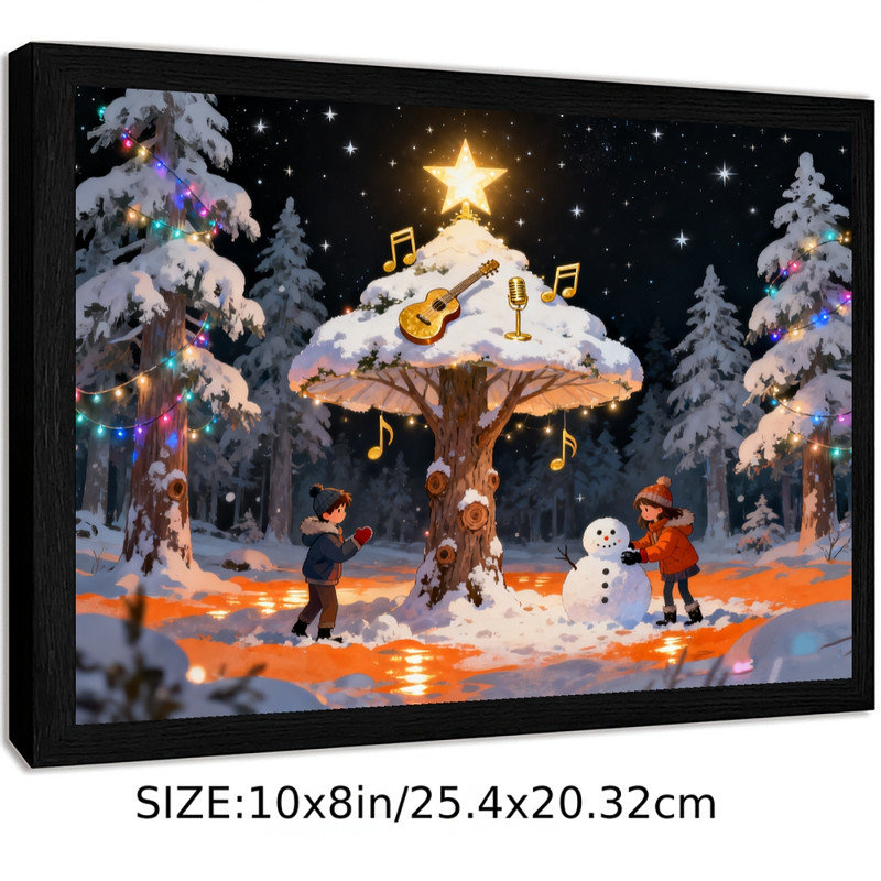 Art mural arbre de Noël fantaisiste noir encadré - Forêt enchantée enneigée, décorations festives, H 9 po x l 11 po