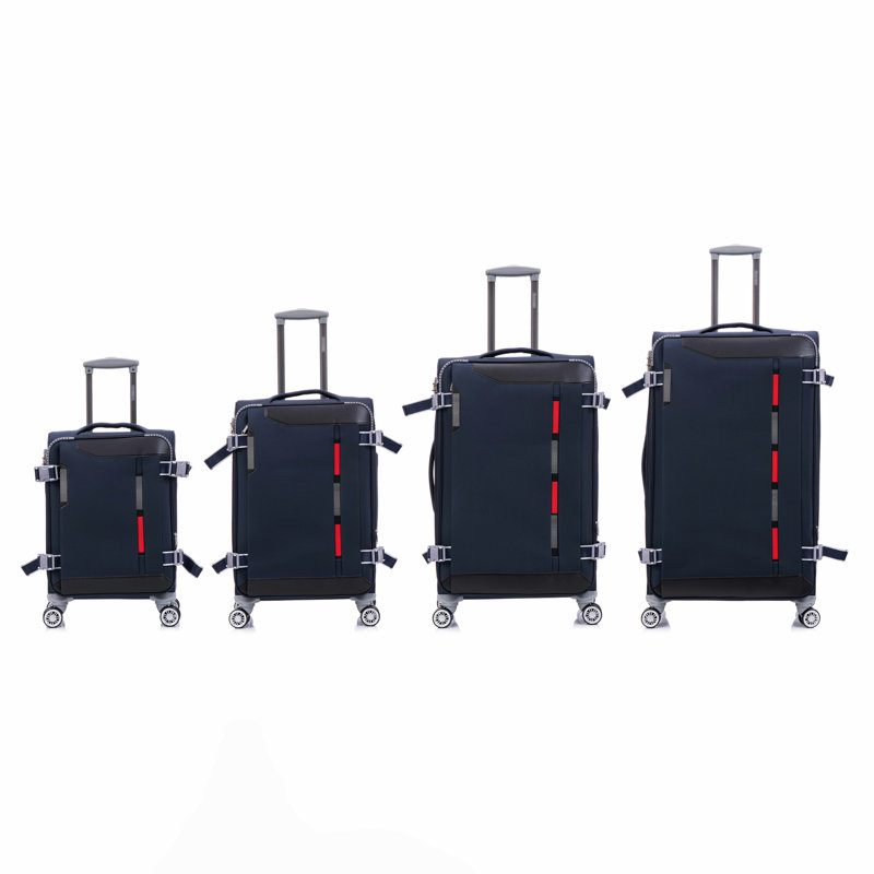 Valise légère en tissu bleu 20/24/28/32, extensible, roulettes pivotantes à 360 degrés, poche intérieure de couvercle, sangles de maintien réglables, poignée rétractable, roues silencieuses verticales de 4 pièces