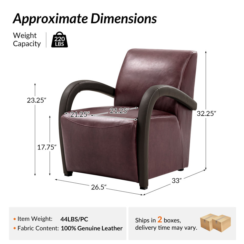  Fauteuil moderne en cuir pleine fleur avec accoudoirs uniques 26,5 po Perou, Bourgogne