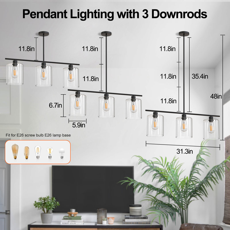 5.9''(W) Glass Dimmable Modern Linear Kitchen Island Pendant Lights with Adjustable Height 3 - Light, Matte Black, 3