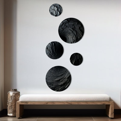 Black Spiralling Fractal Sprial - Abstract Spirals Round Wall Art Set Of 5