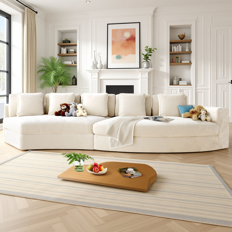 Canapé modulaire en chenille de 115,7 po Boneless - 2 pièces courbées avec 5 coussins, sans assemblage requis, Chenille beige