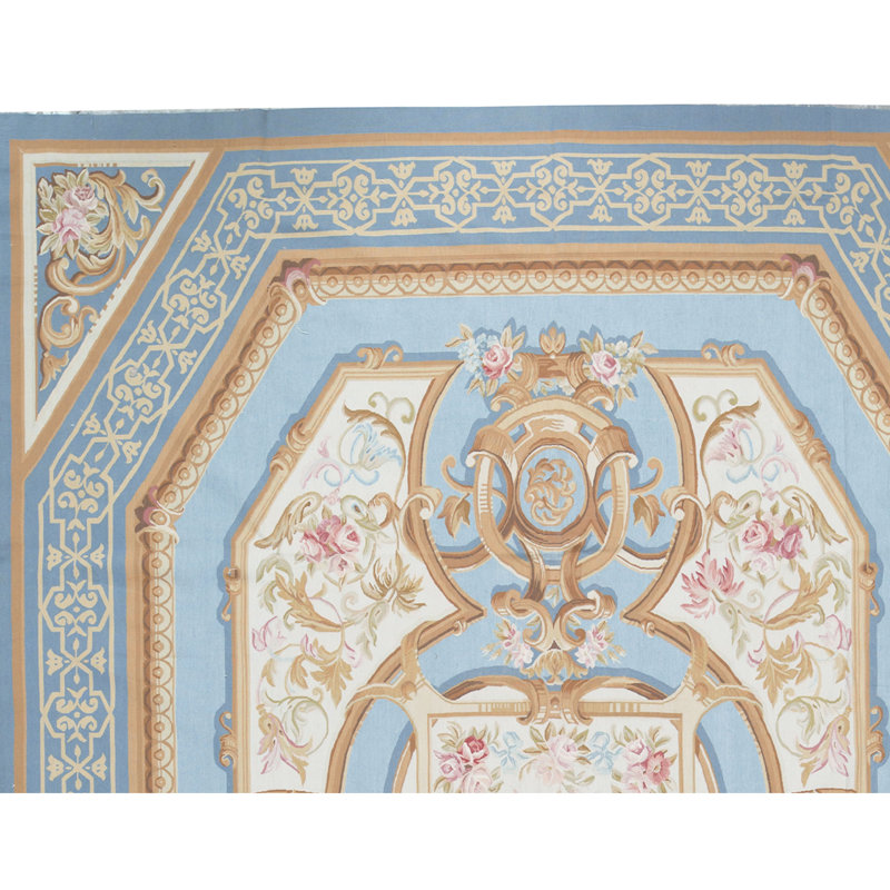 Tapis bleu et beige noué à la main de haute qualité