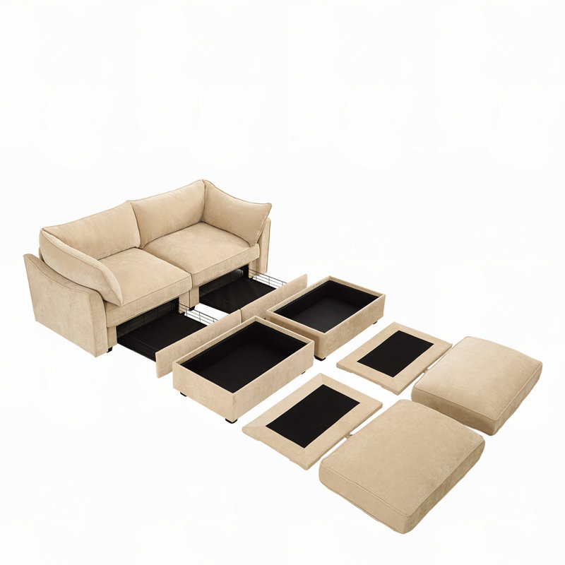 2-Seater Sofa With 2 Footstools and Pull Out Storage Drawer, 2, Wheat