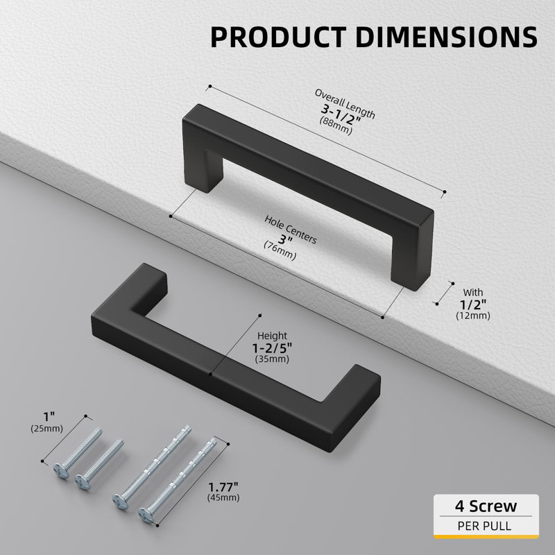 2Pack Black Square Bar Cabinet Pull Drawer Handle Stainless Steel Modern Hardware for Kitchen Bathroom Cabinets Cupboard,Center to Center 3in (76mm) Modern Matte Black Drawer Pulls