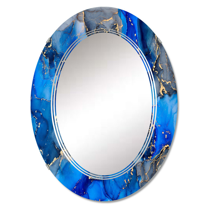 Bleu et gris luxueux abstrait fluide Art V - miroir mural moderne, 36 po x 24 po