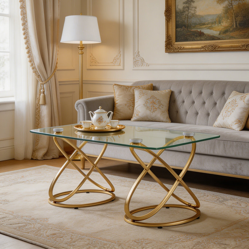 Table basse rectangulaire moderne en verre avec cadre doré, Gold