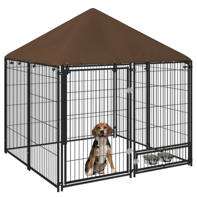 Chenil d'extérieur, enclos pour chiot 4,6 pi x 4,6 pi x 5 pi avec auvent, cage de clôture pour parc de jardin, bol tournant, noir