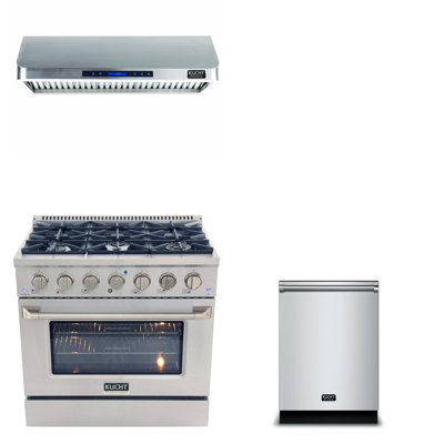 Ensemble de cuisine 3 pièces - 36 po Cuisinière au gaz naturel, 36 po Hotte sous l'armoire de 24 po Lave-vaisselle