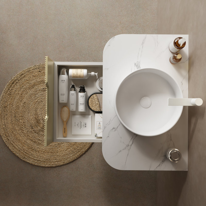 Armoire de salle de bain et évier de salle de bain de 30 po avec tiroir, lavabo en contreplaqué rayé à bords arrondis avec tiroir, lavabo rond en céramique blanche et plateau en pierre frittée blanche de Carrare, pré-assemblé, couleur vert clair