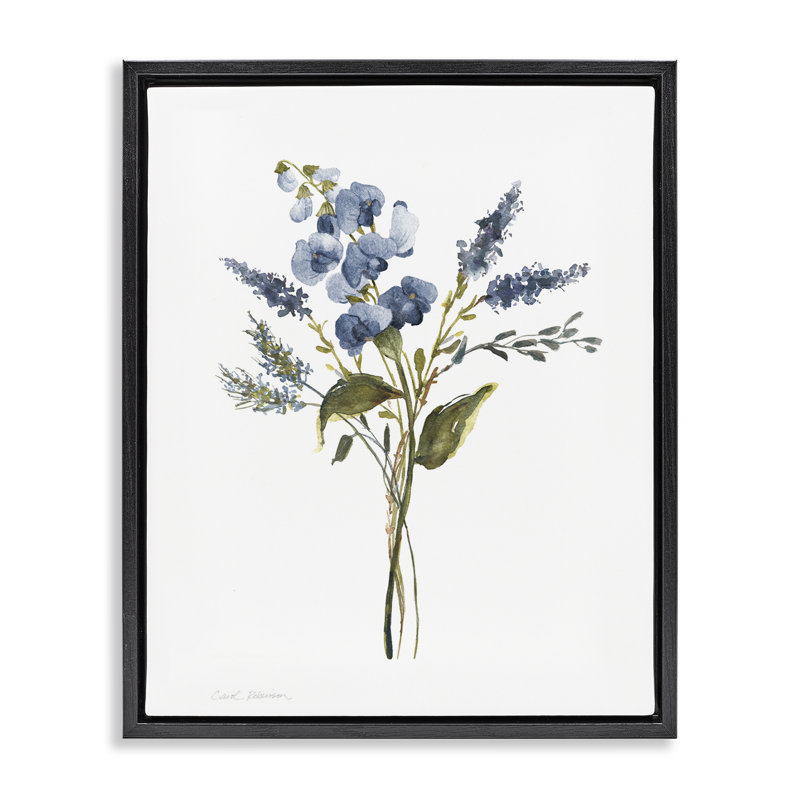 Elegant Blue Geranium Sprig Brown Framed Floater Canvas Wall Art, design by Carol Robinson, 31" H x 25" W