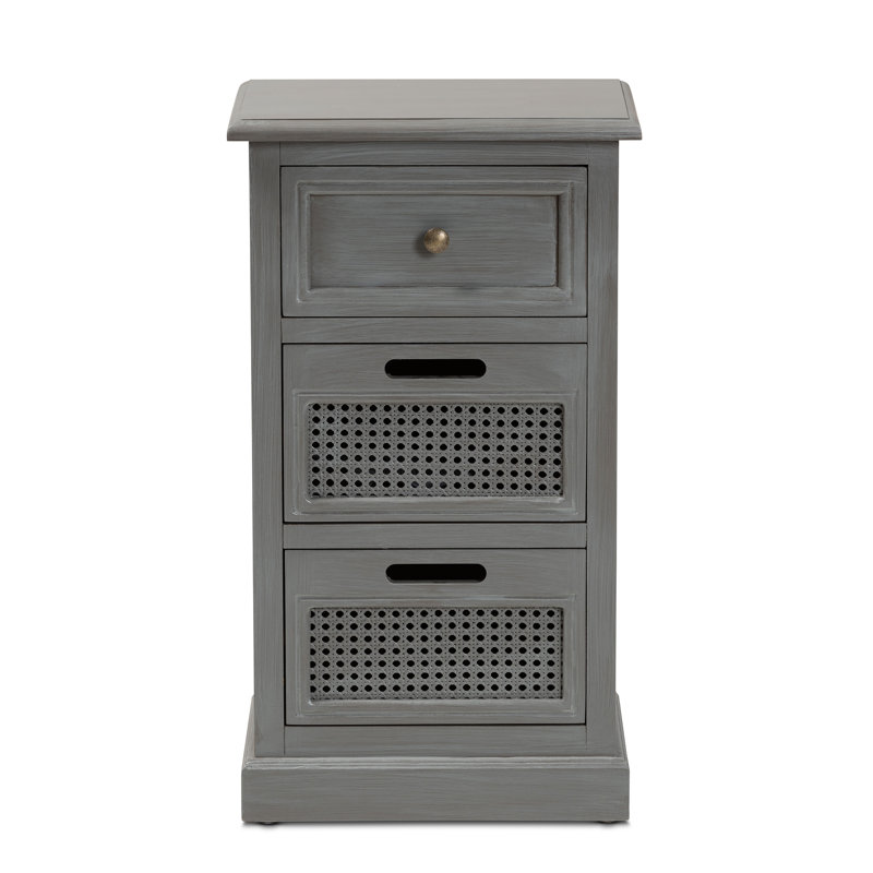 Sheldon Grey Wood and Synthetic Rattan 3-Drawer Nightstand