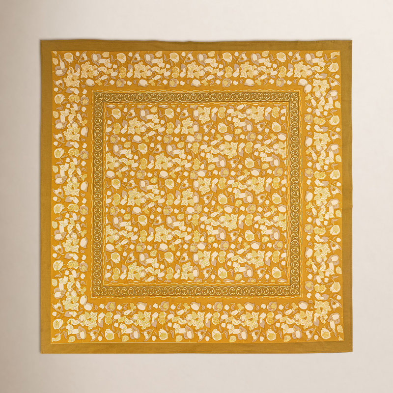 Forest Harvest Handmade Floral Tablecloth, Mustard/Gray, 71" x 71"