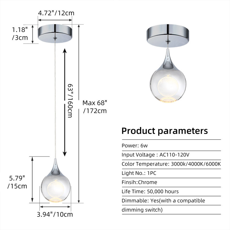 Lyken 1 - Light LED Single Pendant, Chrome