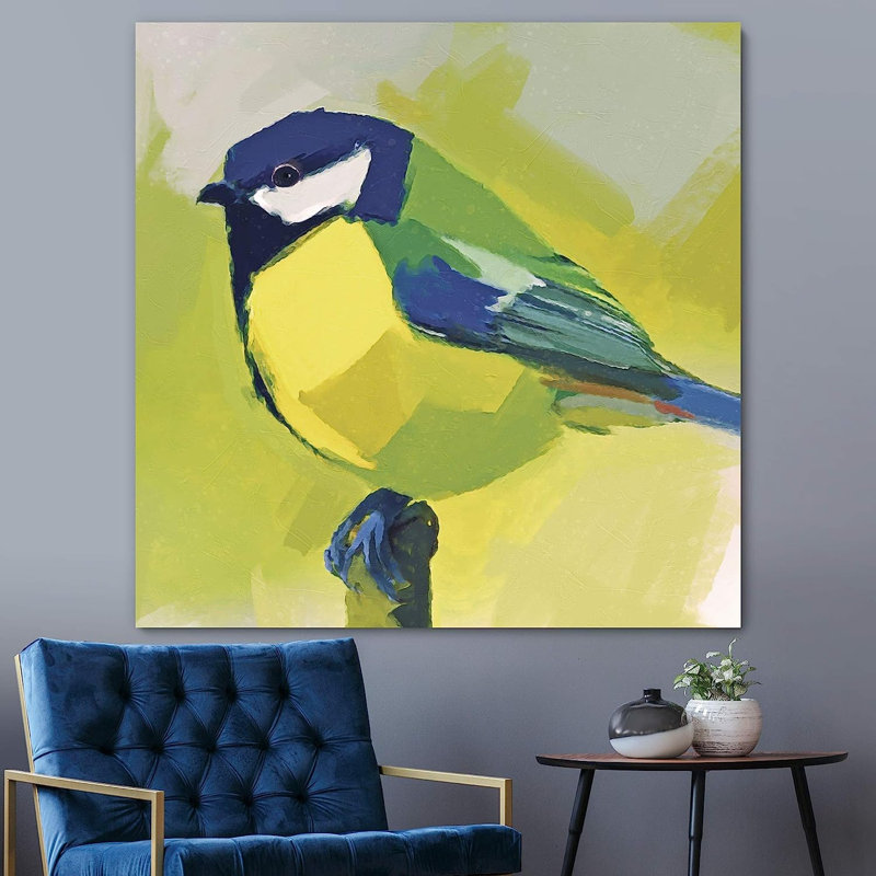 Oiseaux, animaux, mésange bleue, jaune, noir et vert sur fond gris et blanc sur toile, H 16 po x l 16 po x P 1,5 po