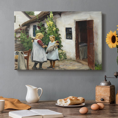 Deux filles jouant à l'extérieur d'une ferme-Hans Andersen Brendekilde-Gallery, toile tendue-c. Fin du 19e siècle / début du 20e siècle