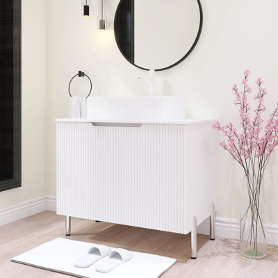 30 po Ensemble de meuble-lavabo simple sur pied Largeur avec lavabo vasque en céramique et comptoir blanc Carrara