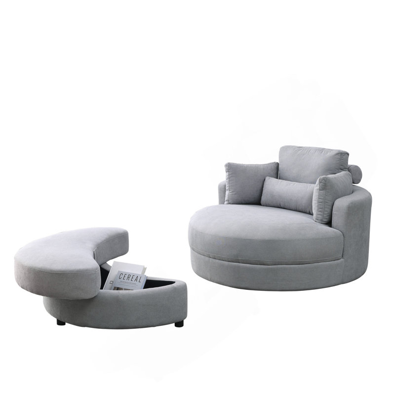 Welike Swivel Accent Barrel Modern Grey Sofa Lounge Club Big Round Chair With Storage Ottoman Linen Fabric For Living Room Hotel With Pillows