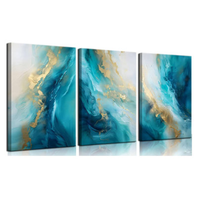 Teal Gold Canvas Wall Art Set Of 3 Abstract Aqua Blue Gold Marble Fluid Wall Decor Pictures Neutral Modern Minimalist Posters Prints For Living Room Bedroom Home Decoration 12X16in