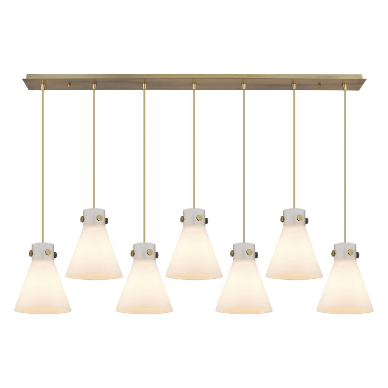 Luminaire suspendu conique à 7 lumières Amrith, Laiton brossé, Blanc
