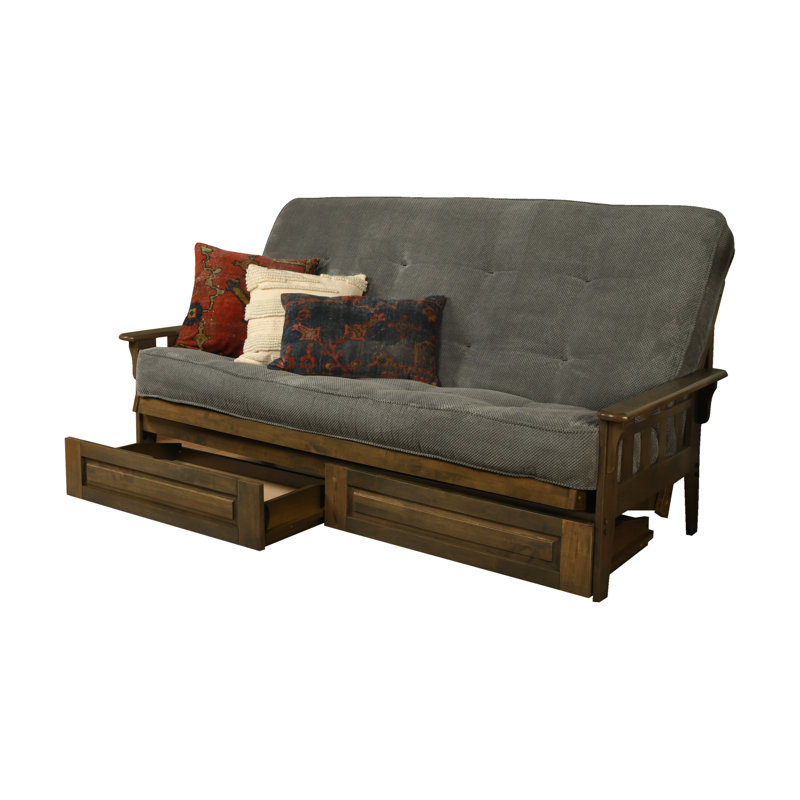 Stratford Queen 87" Wide Futon Frame and Mattress with Drawer Set, Marmont Thunder Polyester