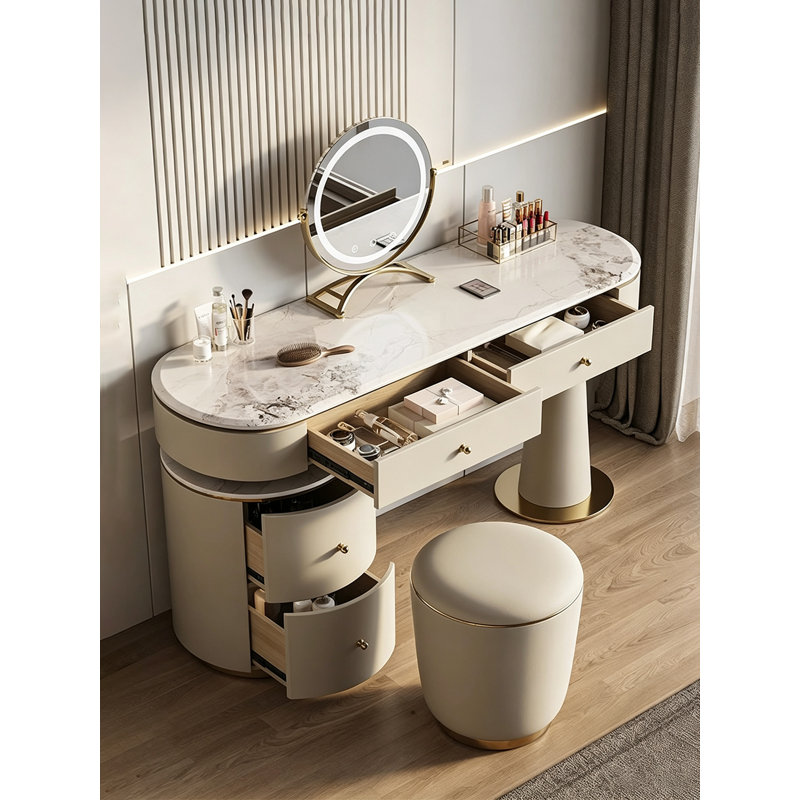 Coiffeuse moderne de style italien en bois massif avec armoire latérale et tabouret, H 29,53 po x l 47,24 po x P 17,72 po