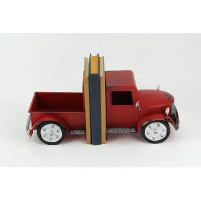 Rustic Farmhouse Weathered Red Metal Pickup Truck Decorative Bookends — Cab 9.25 in. Long, Bed 7.5 in. Long, 6.75 in. High X 6.5 in. Wide