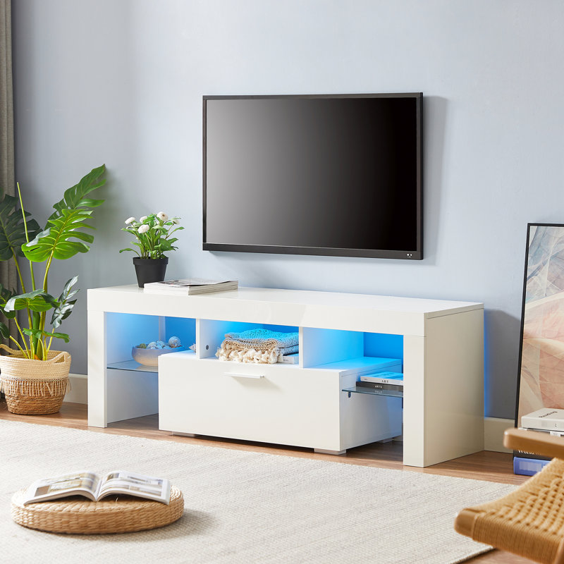 Console média blanche avec ceinture à DEL et télécommande, 16 couleurs, 4 modes, pour téléviseur de 55 po, tablette en verre trempé, poignée de téléviseur à DEL en métal, rétroéclairage, compatibilité, instructions d'assemblage claires