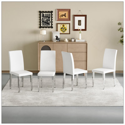 Set Of 4 White PU Leather Backrest Chairs With Silver Metal Legs - The Perfect Combination, Suitable For Minimalist And Modern Home Styles, With Product Dimensions Of 16.2*18.5*34.6 Inches.