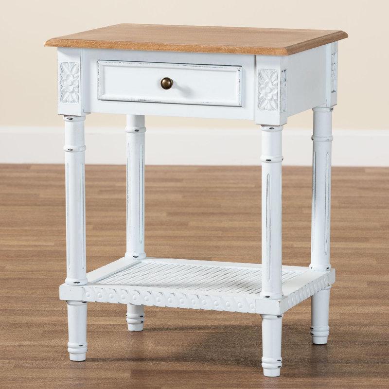 Ayan Baxton Studio Legrand Classic French Two-Tone White And Natural Brown 1-Drawer End Table
