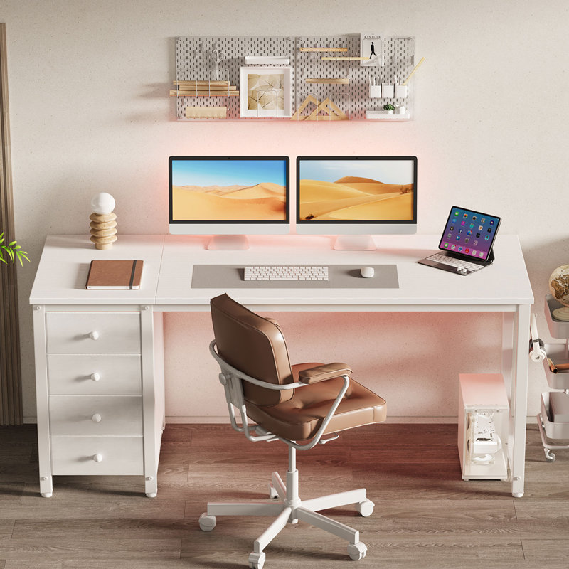 Bureau d'ordinateur à 4 tiroirs avec bureau en tissu, Blanc, Blanc