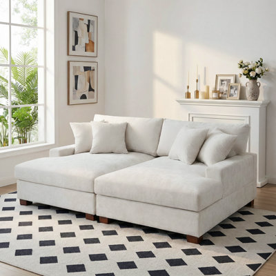 Canapé-lit surdimensionné rembourré en chenille blanc cassé avec accoudoirs et coussins décoratifs