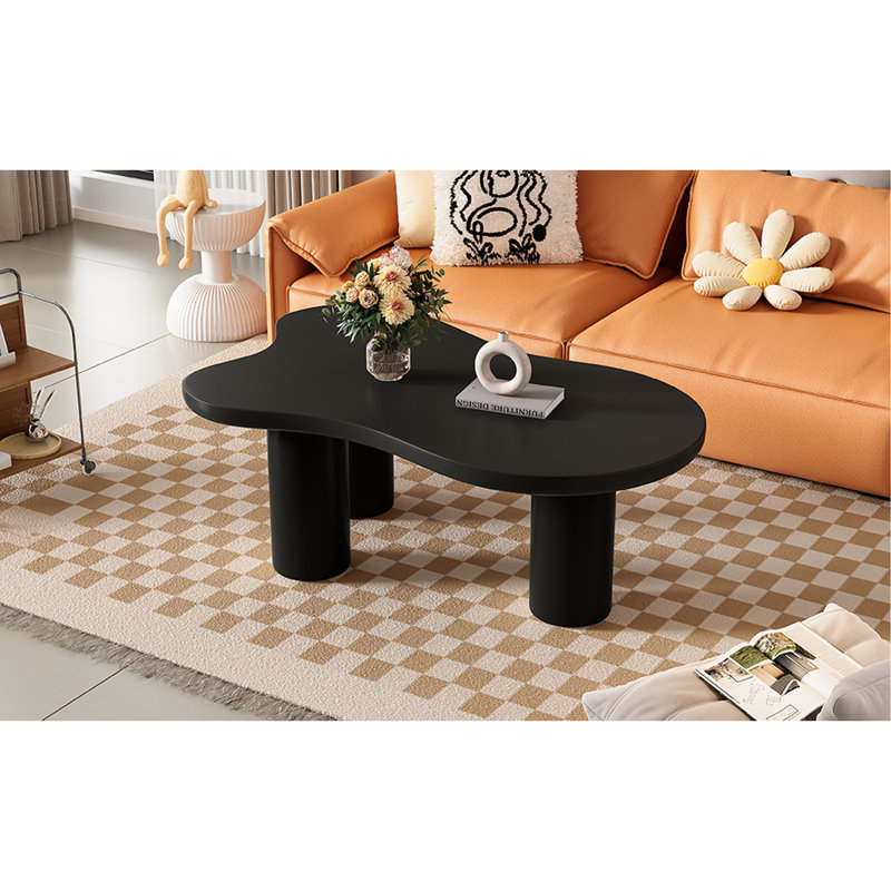 Table basse de 44 po x 25,9 po à assemblage facile avec plateau de 1,5 po d'épaisseur, table de bout irrégulière de style crème avec 3 pieds robustes, table centrale élégante avec bord rond pour le salon, noir