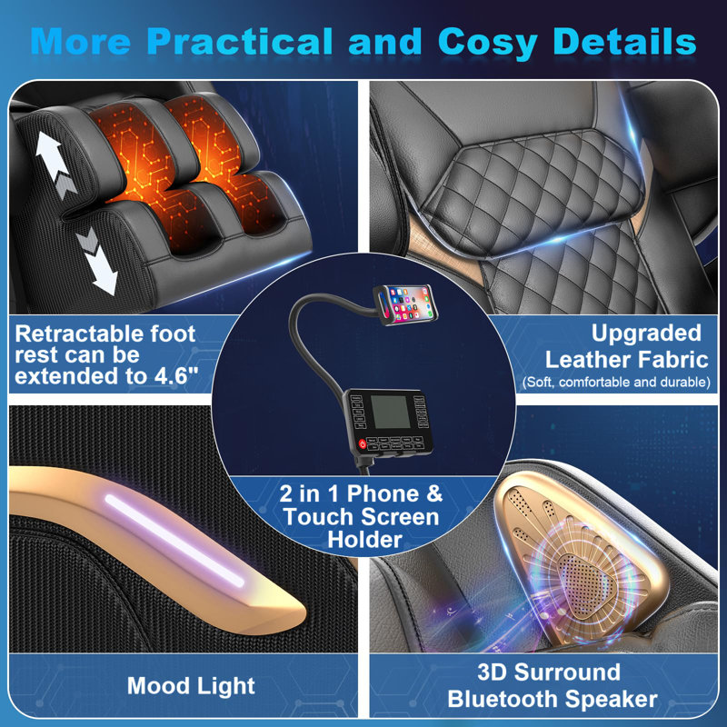 Fauteuil de massage Otillia corps entier, fauteuil de massage Zero Gravity 2025 pour fatigue du dos avec 10 rouleaux fixes, coussins gonflables, contrôleur de téléphone, chauffage, haut-parleur Bluetooth, veilleuses pour le salon, la chambre à coucher