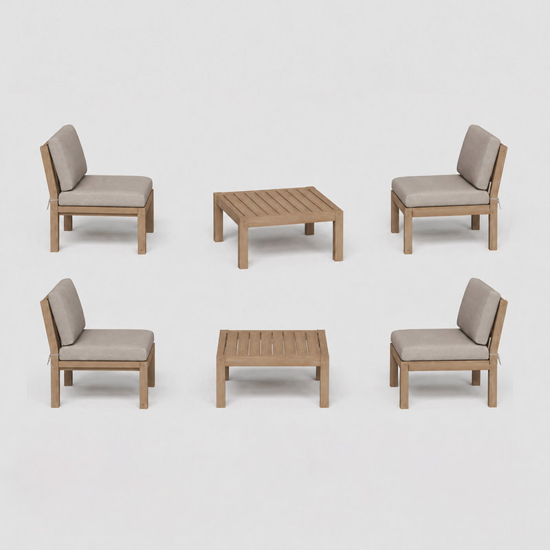 Ensemble de conversation modulaire pour patio pour 4 personnes avec coussins, ensemble de conversation pour canapé HiPS imperméable toutes saisons 6 pièces, teck