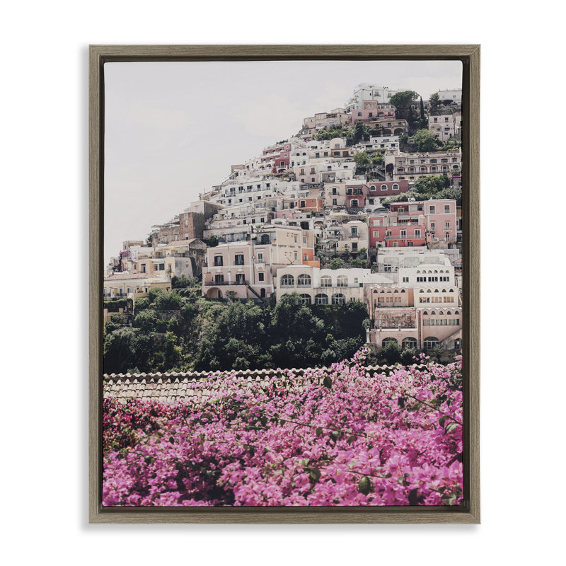 "Positano Town Architecture", art mural encadré par Sissi et Seb, H 21 po x l 17 po, Cadre flottant orme Montalcino
