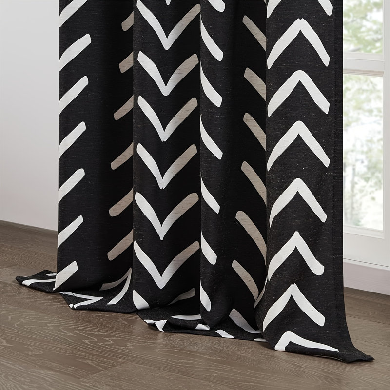 Black and White Pattern Linen Curtains,Room Darkening Herringbone Fabric Grommet Drapes,Set of 2, 52'' W x 72'' L